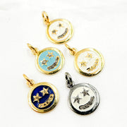 Diamond Sterling Silver Round Star Smiley Enamel Charm